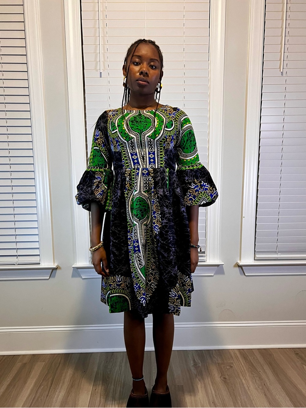 Green & Black African Ethnic Printed Puff-Sleeve Midi Dress